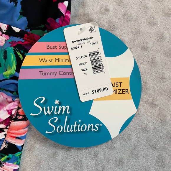 NWT Swim Solutions Black Floral Waist Minimizing‎ One Piece Swimsuit Size 16 - Picture 4 of 7